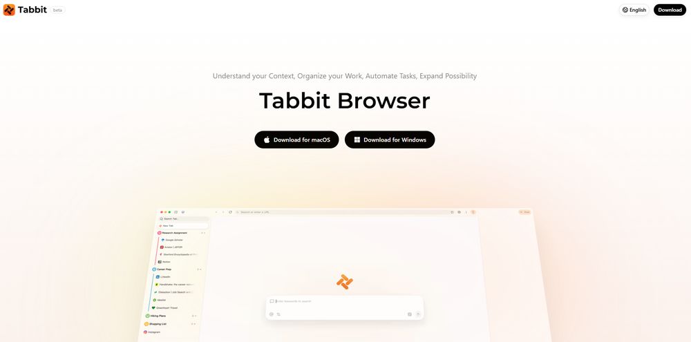 Tabbit 浏览器（国际版）网站首页截图预览